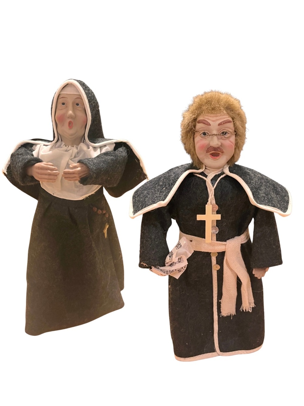 Vintage Christmas Caroler Figurine Pair - Nun & Priest / Vicar Felt Choir Dolls